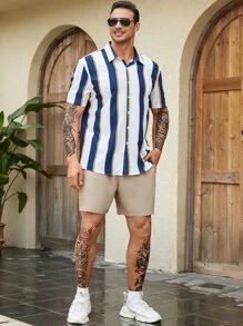 Manfinity Homme Men Plus Striped Print Shirt - Blue and White - View 4