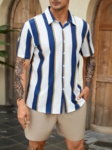 Manfinity Homme Men Plus Striped Print Shirt - Blue and White - View 6