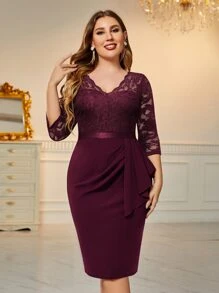 MIUSOL Plus V Neck Lace Bodice Bodycon Dress Elegant Cocktail Semi Formal Prom Wedding Guest Dress, For Birthday, Graduation, Dinner, Homecoming - Burgundy - View 1