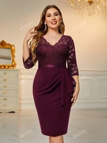 MIUSOL Plus V Neck Lace Bodice Bodycon Dress Elegancka koktajlowa półformalna sukienka na bal weselny, na urodziny, ukończenie szkoły, kolację, powrót do domu