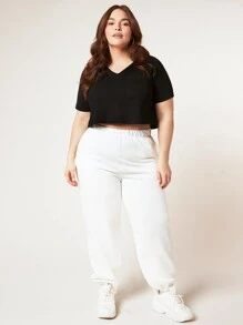 SHEIN BASICS Plus Cotton Solid Elastic Waist Joggers - White - View 1