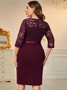 MIUSOL Plus V Neck Lace Bodice Bodycon Dress Elegant Cocktail Semi Formal Prom Wedding Guest Dress, For Birthday, Graduation, Dinner, Homecoming - Burgundy - View 2