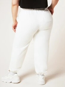 SHEIN BASICS Plus Cotton Solid Elastic Waist Joggers - White - View 2