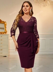 MIUSOL Plus V Neck Lace Bodice Bodycon Dress Elegancka koktajlowa półformalna sukienka na bal weselny, na urodziny, ukończenie szkoły, kolację, powrót do domu