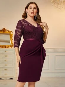 MIUSOL Plus V Neck Lace Bodice Bodycon Dress Elegant Cocktail Semi Formal Prom Wedding Guest Dress, For Birthday, Graduation, Dinner, Homecoming - Burgundy - View 6