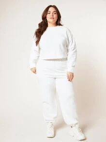 SHEIN BASICS Plus Terry Fleece Drop Shoulder Solid Sweatshirt - White - View 3