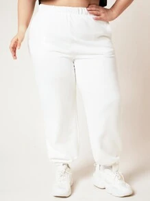 SHEIN BASICS Plus Cotton Solid Elastic Waist Joggers - White - View 4