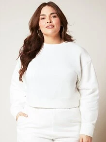 SHEIN BASICS Plus Terry Fleece Drop Shoulder Solid Sweatshirt - White - View 4