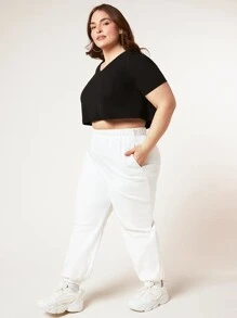 SHEIN BASICS Plus Cotton Solid Elastic Waist Joggers - White - View 5