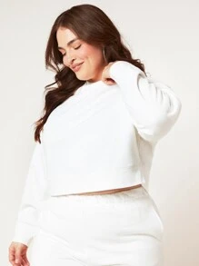 SHEIN BASICS Plus Terry Fleece Drop Shoulder Solid Sweatshirt - White - View 5