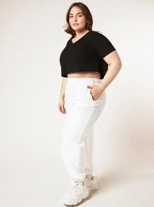 SHEIN BASICS Plus Cotton Solid Elastic Waist Joggers - White - View 6