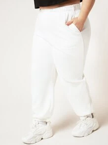 SHEIN BASICS Plus Cotton Solid Elastic Waist Joggers - White - View 7