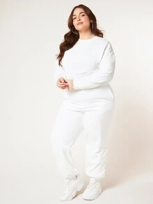 SHEIN BASICS Plus Terry Fleece Drop Shoulder Solid Sweatshirt - White - View 7