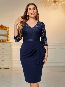 MIUSOL Vestido de cóctel elegante, semiformal, para fiesta, graduación, cena, regreso a casa, con escote cruzado, volantes de encaje en el busto y silueta ceñida - Azul Marino - Ver 1