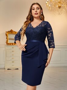 MIUSOL Vestido de cóctel elegante, semiformal, para fiesta, graduación, cena, regreso a casa, con escote cruzado, volantes de encaje en el busto y silueta ceñida - Azul Marino - Ver 3