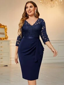 MIUSOL Vestido de cóctel elegante, semiformal, para fiesta, graduación, cena, regreso a casa, con escote cruzado, volantes de encaje en el busto y silueta ceñida - Azul Marino - Ver 4