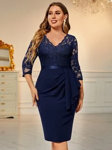 MIUSOL Vestido de cóctel elegante, semiformal, para fiesta, graduación, cena, regreso a casa, con escote cruzado, volantes de encaje en el busto y silueta ceñida - Azul Marino - Ver 5