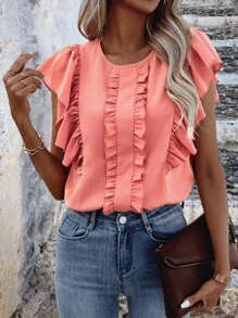SHEIN LUNE Solid Ruffle Trimed Butterfly Sleeve Blouse - Coral Pink - View 1