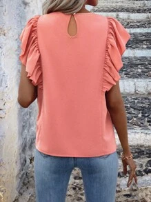 SHEIN LUNE Solid Ruffle Trimed Butterfly Sleeve Blouse - Coral Pink - View 2