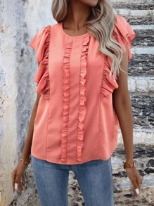 SHEIN LUNE Solid Ruffle Trimed Butterfly Sleeve Blouse - Coral Pink - View 4