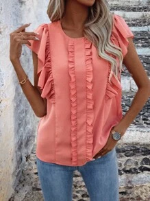 SHEIN LUNE Solid Ruffle Trimed Butterfly Sleeve Blouse - Coral Pink - View 5