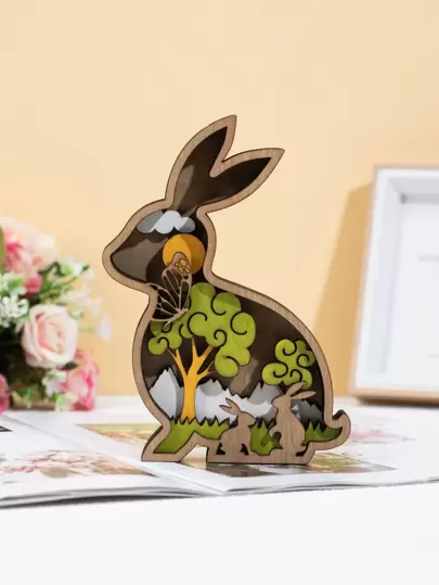 1 件木制装饰工艺品，卡通兔子形状装饰物，适用于家居装饰复活节