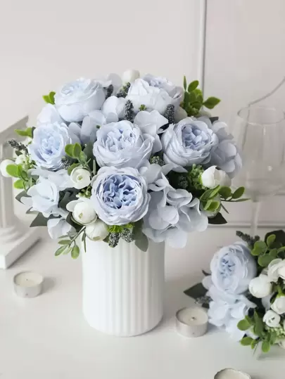 1 件 / 3 件蓝色人造花绣球花假牡丹丝绸花玫瑰花束适用于家庭婚礼新娘花束装饰、情人节、礼物