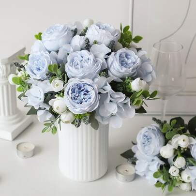 1 件 / 3 件蓝色人造花绣球花假牡丹丝绸花玫瑰花束适用于家庭婚礼新娘花束装饰、情人节、礼物