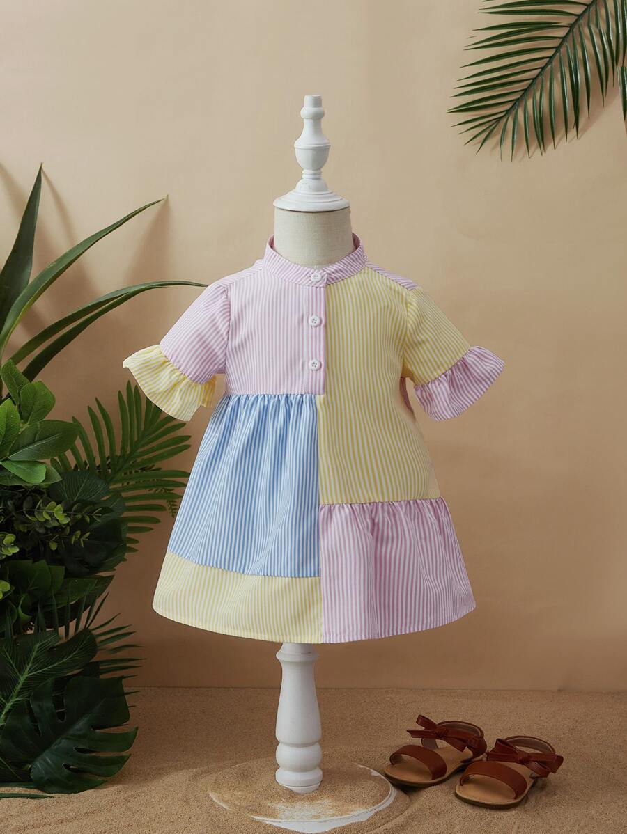 SHEIN 嬰兒條紋印花撞色荷葉袖娃娃裙 - 淺藍色 - 查看 1