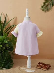 SHEIN 嬰兒條紋印花撞色荷葉袖娃娃裙 - 淺藍色 - 查看 2
