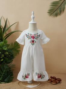 SHEIN 嬰兒蕾絲邊荷葉袖荷葉邊連身褲 - 白色 - 查看 1