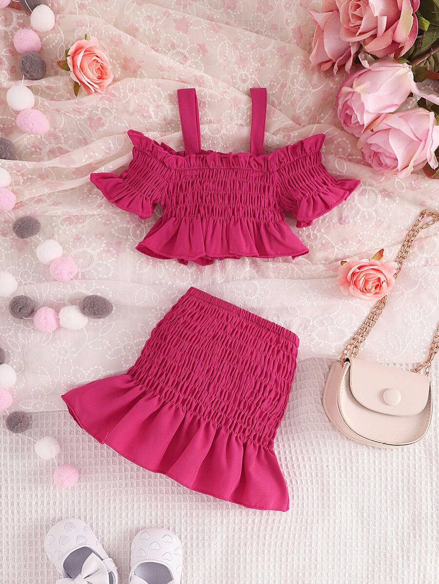 Baby Cold Shoulder Shirred Ruffle Hem Top & Skirt - Hot Pink - View 1
