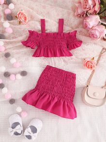 Baby Cold Shoulder Shirred Ruffle Hem Top & Skirt - Hot Pink - View 2