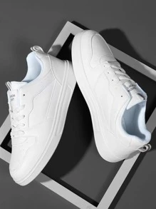 字母貼花裝飾繫帶前滑冰鞋，女式休閒運動鞋，白色鞋面和字母設計 - 白色 - 查看 1