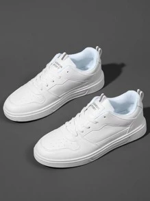 字母貼花裝飾繫帶前滑冰鞋，女式休閒運動鞋，白色鞋面和字母設計 - 白色 - 查看 4