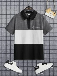 SHEIN 男孩字母圖案撞色POLO衫 - 深灰色 - 查看 1