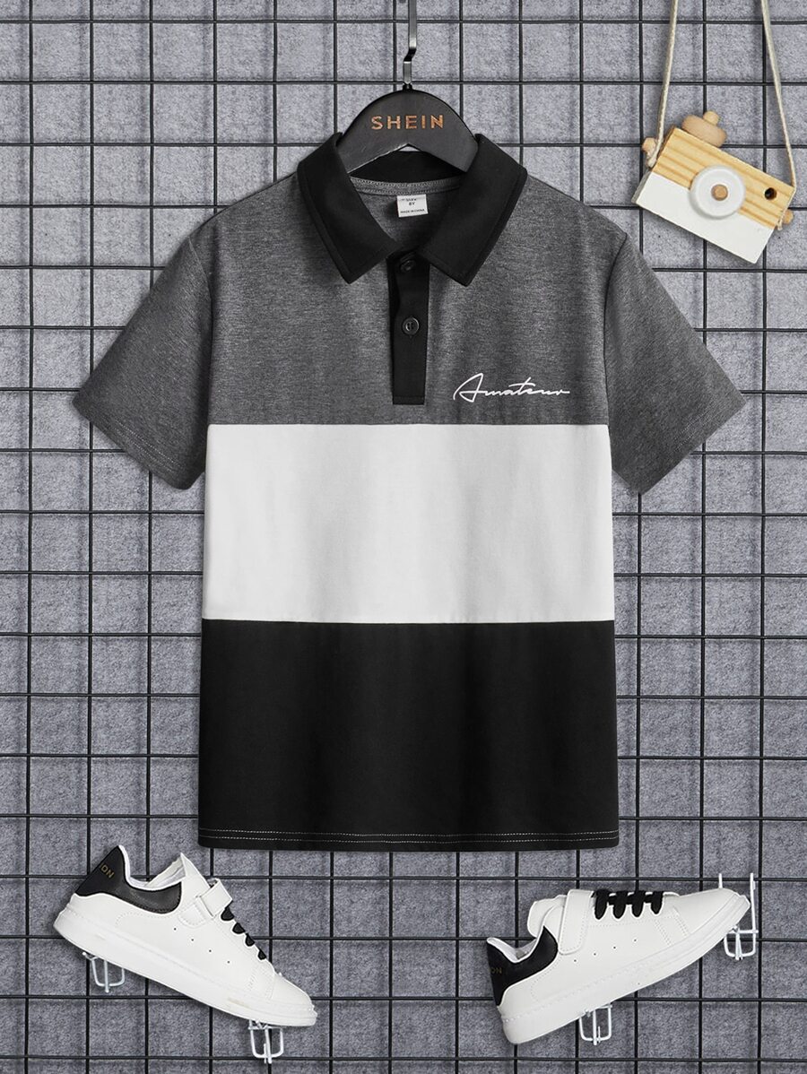 SHEIN 男孩字母圖案撞色POLO衫 - 深灰色 - 查看 1