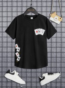 SHEIN Boys Playing Card Print Tee - Black - View 1