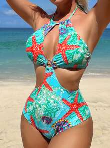 海星印花鏤空連體泳衣 - 彩色 - 查看 1