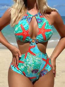 海星印花鏤空連體泳衣 - 彩色 - 查看 8