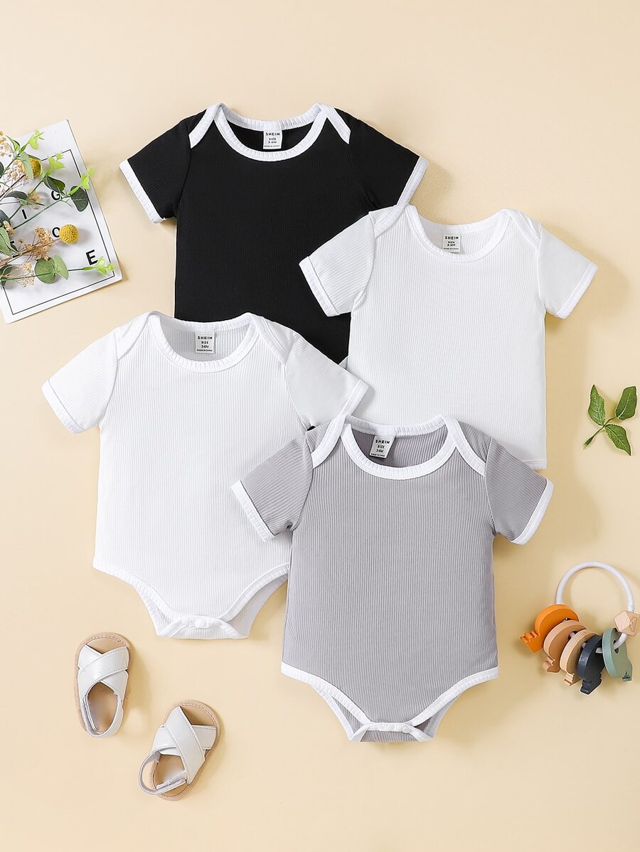 男嬰4入組撞色滾邊連體衣 - 彩色 - 查看 1