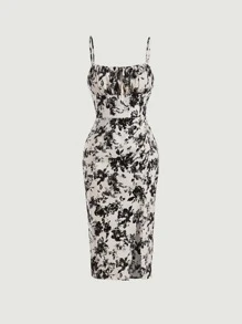 SHEIN MOD Floral Print Ruched Bust Tie Front Cami Dress - Multicolor - View 1