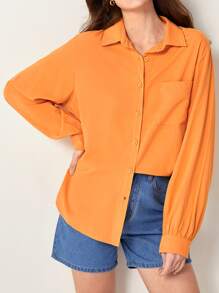 BizChic Pocket Patched Button Front Shirt - Orange - View 3