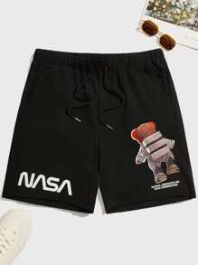Manfinity VCAY Men Letter & Cartoon Graphic Drawstring Waist Shorts - Black - View 1