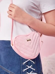 1pc Girl's Pink Plush Quilted Heart-Shaped Cute Crossbody Bag For Daily Use - Pink - View 8