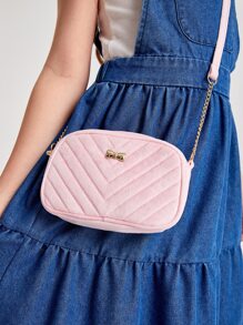 1pc Girl's Sweet Plush Crossbody Bag With Chain Stitching, Pink, Suitable For Everyday Use - Pink - View 4