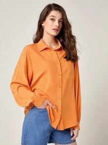 BizChic Pocket Patched Button Front Shirt - Orange - View 6