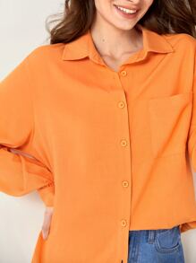 BizChic Pocket Patched Button Front Shirt - Orange - View 4