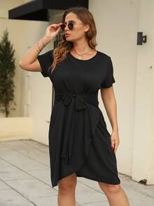 Plus Tie Front Wrap Hem Dress - Black - View 6