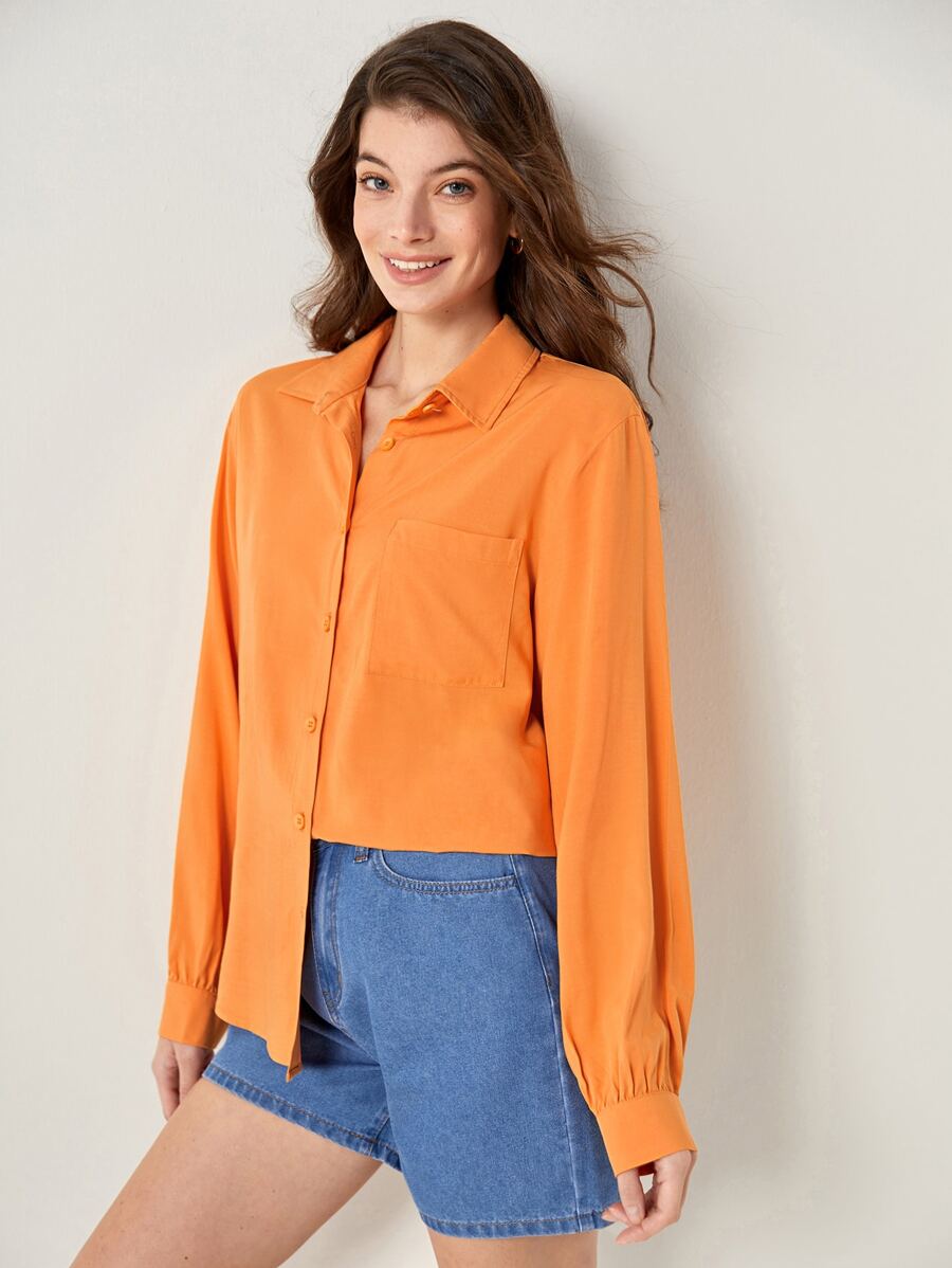 BizChic Pocket Patched Button Front Shirt - Orange - View 1